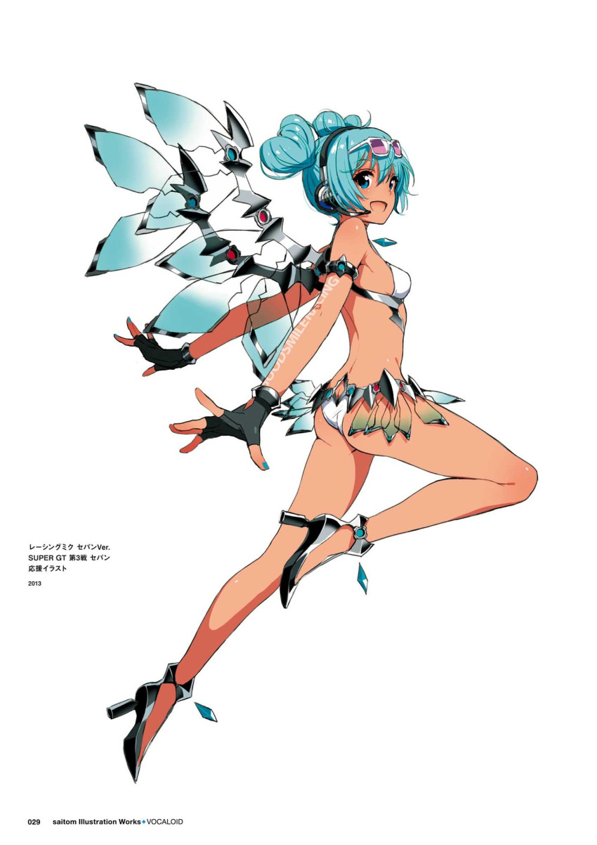 :d aqua_eyes aqua_hair aqua_nails ass bikini body_writing breasts dark_skin double_bun eyewear_on_head female fingerless_gloves full_body gloves goodsmile_company goodsmile_racing hair_bun hatsune_miku headphones headset heart_hair_bun high_heels highres long_hair looking_at_viewer mechanical_wings nail_polish no_socks official_art open_mouth outstretched_arms race_queen racing_miku racing_miku_(2013) racing_miku_(2013_sepang_ver.) saitou_masatsugu shoes simple_background smile solo spread_arms sun_tattoo sunglasses swimsuit tan tanlines transparent transparent_wings vocaloid white_background wings