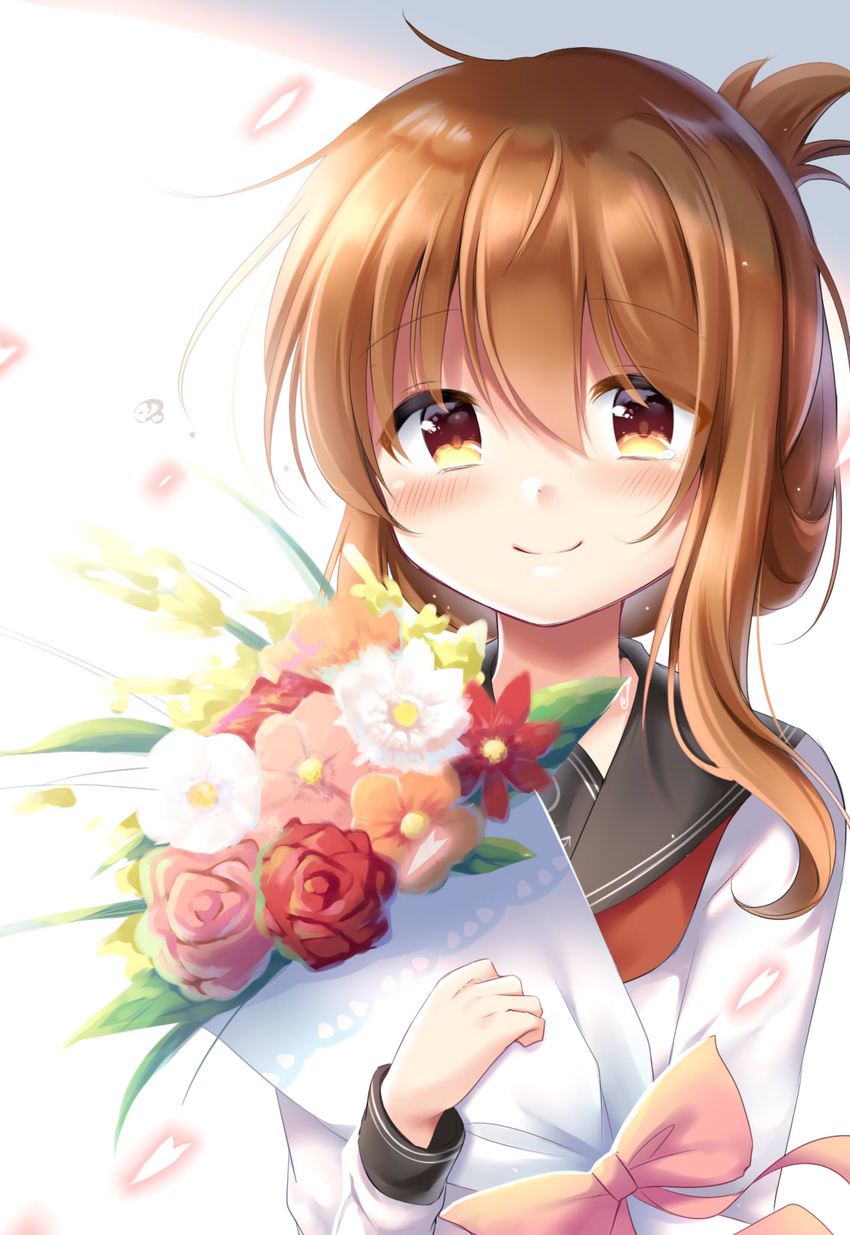 anchor_symbol bangs blush bouquet brown_eyes brown_hair closed_mouth eyebrows_visible_through_hair flower folded_ponytail highres holding holding_bouquet inazuma_(kantai_collection) kantai_collection long_hair long_sleeves looking_at_viewer megu_kaze neckerchief petals pink_ribbon ribbon sailor_collar school_uniform serafuku sidelocks smile solo tears upper_body