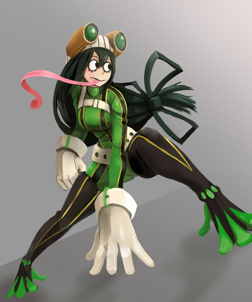 2016 absurd_res accessory amphibian amphibian_humanoid animal_humanoid asui_tsuyu belt big_breasts bow_(feature) bow_accessory bow_ribbon breasts clothed clothing crouching eyewear eyewear_on_head female frog_humanoid gloves goggles goggles_on_head gradient_background green_hair hair hair_accessory hair_ribbon hairbow handwear hi_res humanoid long_tongue mothmandraws my_hero_academia ribbons simple_background solo tongue tongue_out