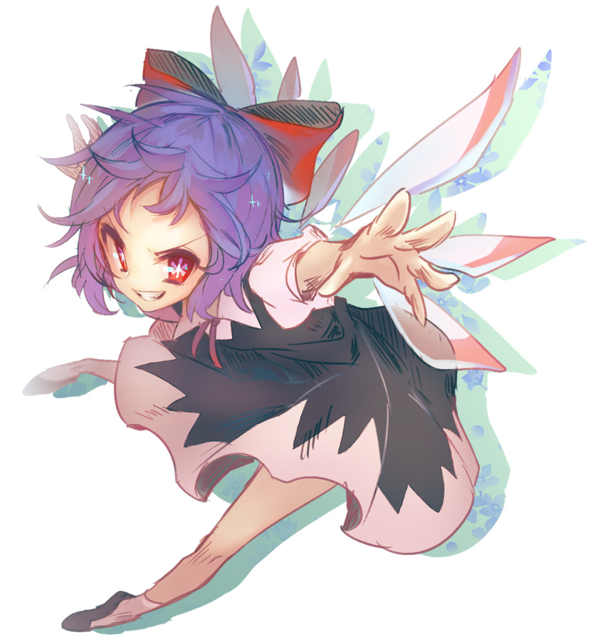 alternate_color black_dress blue_dress cirno dress female full_body hair_ornament hair_ribbon highres ice ice_wings keemoringo looking_at_viewer outstretched_arms player_2 protected_link puffy_sleeves purple_hair red_eyes ribbon shoes short_hair short_sleeves simple_background smirk socks solo symbol-shaped_pupils touhou vest white_background white_socks wings