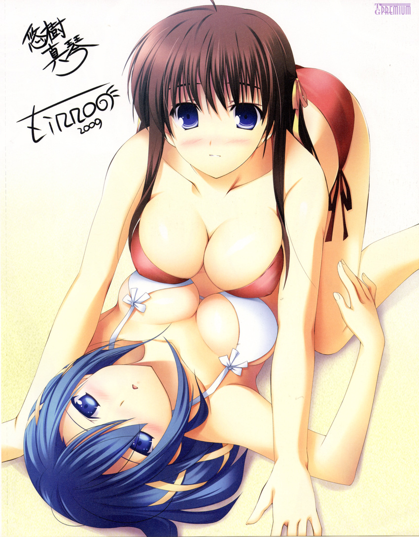 2girls absurdres all_fours bikini blue_eyes blue_hair blush breast_press breasts brown_hair cleavage collaboration cowgirl_position goutokuji_akira highres hikami_nagisa large_breasts lying medium_breasts multiple_girls on_back scan side-tie_bikini_bottom signal_heart signature swimsuit symmetrical_docking triangle_mouth upside-down yuuki_makoto_(radiant) zinno