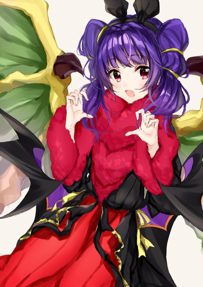 animal_ears bad_id bad_pixiv_id blush claw_pose commentary_request dragon_wings dress fangs female fire_emblem fire_emblem:_the_sacred_stones fire_emblem_heroes fur_trim gao grey_background halloween highres long_hair looking_at_viewer myrrh_(fire_emblem) myrrh_(halloween)_(fire_emblem) open_mouth purple_hair rabbit_ears red_eyes satoimo_chika simple_background solo twintails wings