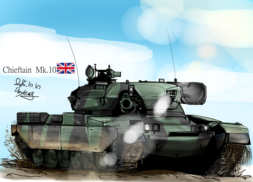 caterpillar_tracks cloud commentary day fv4201_chieftain highres military military_vehicle motor_vehicle no_humans original sky tank troll_(dlshvmajsl) union_jack united_kingdom vehicle_focus