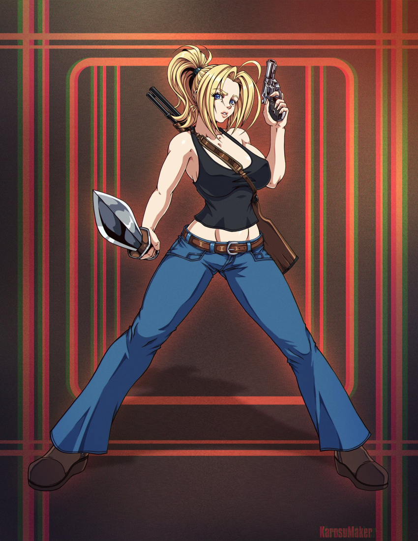 1girls alexandra_roivas belt black_tank_top blonde_hair blue_eyes clothing eternal_darkness female firearm footwear handgun human jeans karosu-maker looking_at_viewer nintendo pale_skin ponytail revolver shotgun sword tank_top watermark weapon