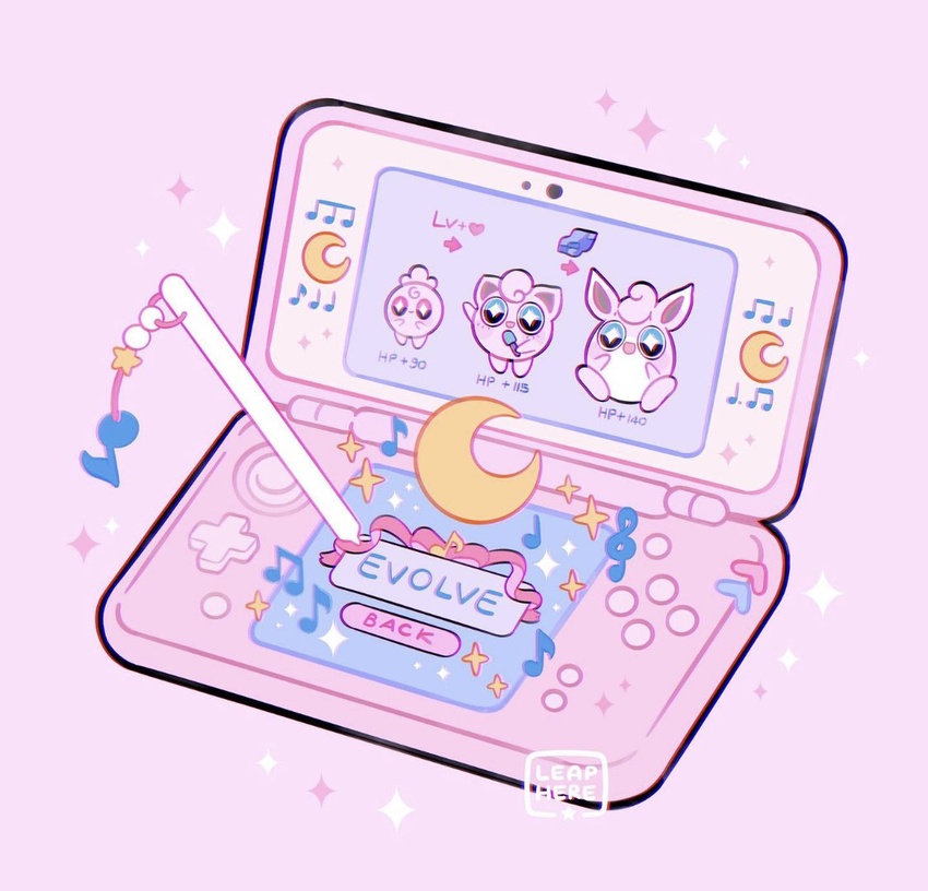 arrow_(symbol) artist_name buttons commentary crescent evolutionary_line evolutionary_stone heart igglybuff jigglypuff leaphere moon_stone musical_note new_nintendo_3ds no_humans pink_background pokemon signature simple_background sparkle stylus wigglytuff