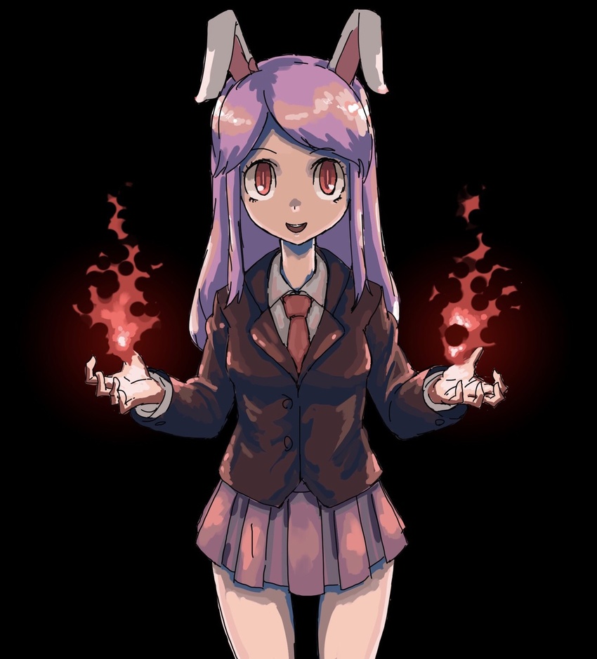 animal_ears black_background black_jacket commentary cookie_(touhou) cowboy_shot female fire highres hisui_(cookie) jacket long_hair looking_at_viewer magic necktie nob1109 open_mouth pink_skirt pleated_skirt purple_hair pyrokinesis rabbit_ears red_eyes red_necktie reisen_udongein_inaba shirt simple_background skirt solo swept_bangs touhou white_shirt