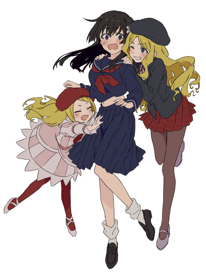 3girls :d ;d age_difference beret black_footwear black_hair black_headwear black_jacket black_pantyhose black_serafuku black_skirt blonde_hair blue_eyes breasts closed_eyes commentary flower fremea_seivelun frenda_seivelun full_body girl_sandwich grin hair_flower hair_ornament hands_on_another's_shoulders happy hat height_difference highres jacket lolicon long_hair long_sleeves medium_breasts midriff_peek multiple_girls neckerchief one_eye_closed open_mouth pantyhose pleated_skirt red_headwear red_legwear red_neckerchief red_skirt sakugawa_school_uniform sandwiched saten_ruiko school_uniform serafuku shoes siblings simple_background sisters skirt smile teruya_(6w6y) toaru_kagaku_no_railgun toaru_kagaku_no_railgun_t toaru_majutsu_no_index toaru_majutsu_no_index:_new_testament white_background white_footwear winter_uniform