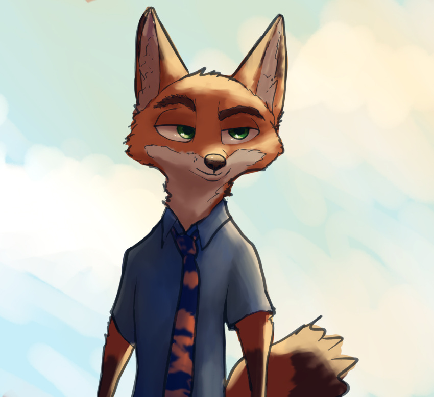 anthro blue_clothing canid canine clothing disney ears_up eyebrows famished_(artist) fox fur green_eyes hi_res male mammal necktie nick_wilde raised_eyebrow red_body red_fox red_fur sky skyscape smug solo true_fox zootopia