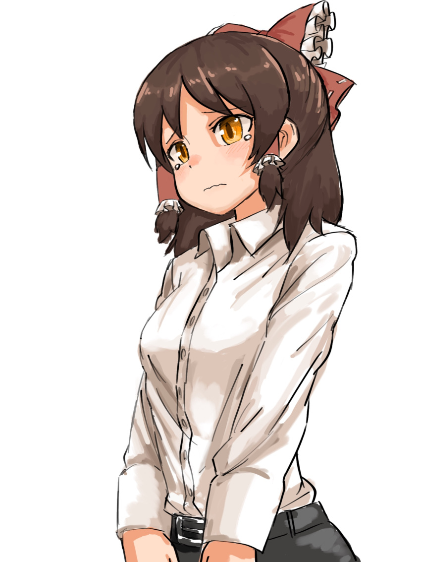 black_skirt bow breasts brown_eyes brown_hair closed_mouth collared_shirt commentary_request cookie_(touhou) female frilled_bow frilled_hair_tubes frills hair_tubes hairbow hakurei_reimu highres looking_to_the_side medium_breasts medium_hair nob1109 office_lady red_bow sananana_(cookie) shirt simple_background skirt solo tearing_up touhou upper_body wavy_mouth white_background white_shirt