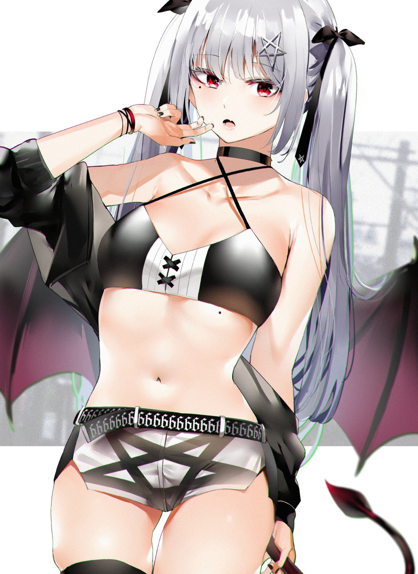 bare_shoulders belt bikini black_nails black_ribbon collarbone cowboy_shot criss-cross_halter cropped_jacket demon_tail demon_wings female grey_hair hair_ornament hair_ribbon halterneck hand_up highres jacket long_hair midriff mole navel off_shoulder open_mouth original orihi_chihiro pentagram pink_eyes ribbon short_shorts shorts sidelocks smile solo star_(symbol) star_hair_ornament stomach swimsuit tail thighhighs thighs twintails wings wristband