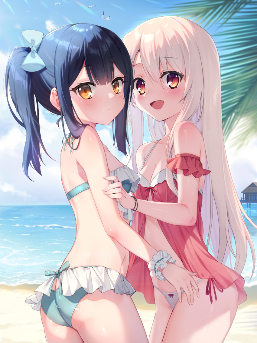 2girls black_hair blush breasts brown_eyes chinese_commentary commentary fate/kaleid_liner_prisma_illya fate_(series) hair_between_eyes hair_ornament hairclip highres illyasviel_von_einzbern long_hair looking_at_viewer md5_mismatch miyu_edelfelt multiple_girls open_mouth outdoors red_eyes sidelocks small_breasts smile taro_(ultrataro) white_hair