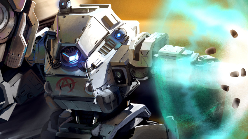 1other absurdres action anarchy_symbol bad_id bad_twitter_id battle bullet energy energy_barrier energy_shield extra_eyes glowing glowing_eye glowing_eyes gun highres holding holding_gun holding_weapon ion_(titanfall_2) kusami_toka_naku_au looking_to_the_side machinery mecha mecha_focus no_humans one-eyed open_hand realistic robot science_fiction solo splitter_rifle titan_(titanfall) titanfall_(series) titanfall_2 upper_body vortex_shield weapon