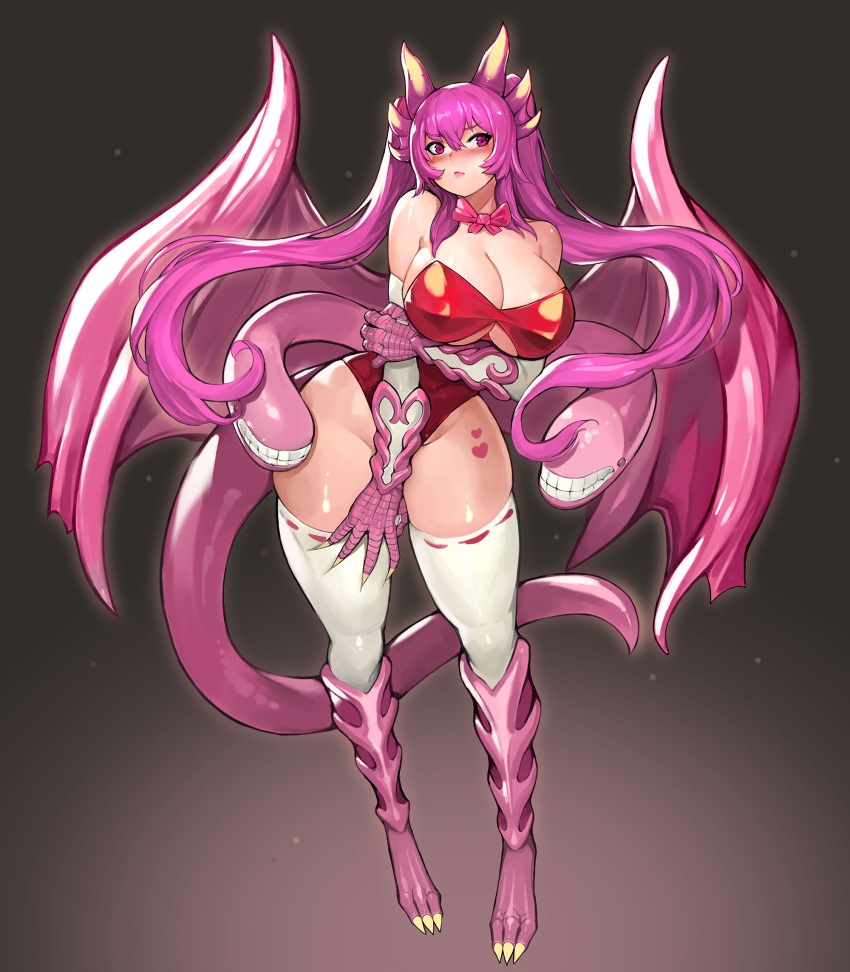 animal_hands bare_shoulders blush bow bowtie breasts claws cleavage commission dragon_girl dragon_wings extra_mouth female full_body gurimjang heart heart_tattoo highres horns jabberwock_(monster_girl_encyclopedia) large_breasts long_hair long_legs monster_girl monster_girl_encyclopedia pixiv_commission purple_hair red_eyes revealing_clothes solo tail tattoo thighhighs thighs twintails wings