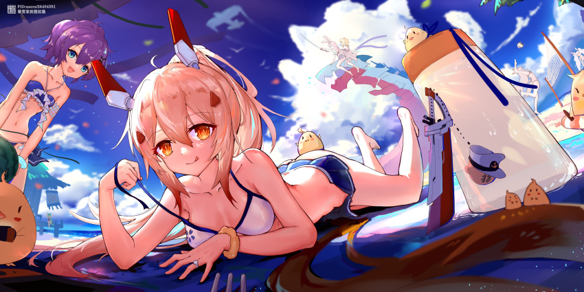 6+girls absurdres akashi_(azur_lane) ayanami_(azur_lane) azur_lane ball bare_shoulders beach beach_volleyball beachball bikini bikini_top_only blonde_hair blue_bikini blue_eyes blue_skirt blue_sky breasts chinese_commentary closed_mouth cloud collarbone hair_between_eyes highres javelin_(azur_lane) javelin_(beach_picnic!)_(azur_lane) jewelry kawakaze_(azur_lane) laffey_(azur_lane) licking_lips liwendala looking_at_another looking_at_viewer lying manjuu_(azur_lane) md5_mismatch miniskirt multiple_girls ocean official_alternate_costume on_stomach open_mouth ornate_ring outdoors pier pleated_skirt ponytail purple_hair rigging ring scrunchie shimakaze_(azur_lane) sidelocks skirt sky small_breasts smile swimsuit the_pose tongue tongue_out volleyball volleyball_net water wedding_ring white_bikini wrist_scrunchie yellow_eyes z23_(azur_lane) z23_(breezy_doubles)_(azur_lane)