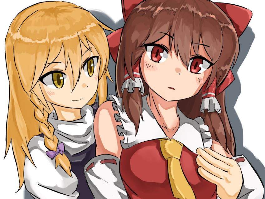 2girls black_vest blonde_hair blush bow braid brown_hair closed_mouth commentary_request cookie_(touhou) detached_sleeves frilled_shirt_collar frills hair_between_eyes hairbow hakurei_reimu highres kirisame_marisa long_hair looking_at_viewer multiple_girls necktie no_headwear nob1109 open_mouth purple_bow red_bow red_eyes red_shirt reu_(cookie) ribbon-trimmed_sleeves ribbon_trim shirt side_braid simple_background single_braid sleeveless sleeveless_shirt smile touhou upper_body uzuki_(cookie) vest white_background white_shirt white_sleeves yellow_eyes yellow_necktie