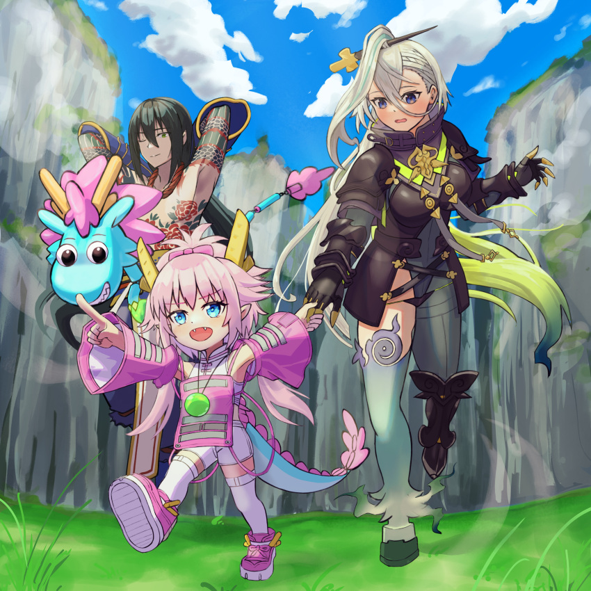 1boy 2girls absurdres arms_behind_head black_hair blue_eyes bomberca309 breasts detached_sleeves dragon_horns dragon_tail fangs fate/grand_order fate_(series) green_eyes grey_hair hair_ornament hairpin highres holding_hands hooves horns huyan_zhuo_(fate) jewelry kumonryuu_eliza_(fate) large_breasts multiple_girls one_eye_closed pendant pink_hair pointing pointing_forward purple_eyes shorts smile tail tattoo thighhighs white_shorts yan_qing_(fate)