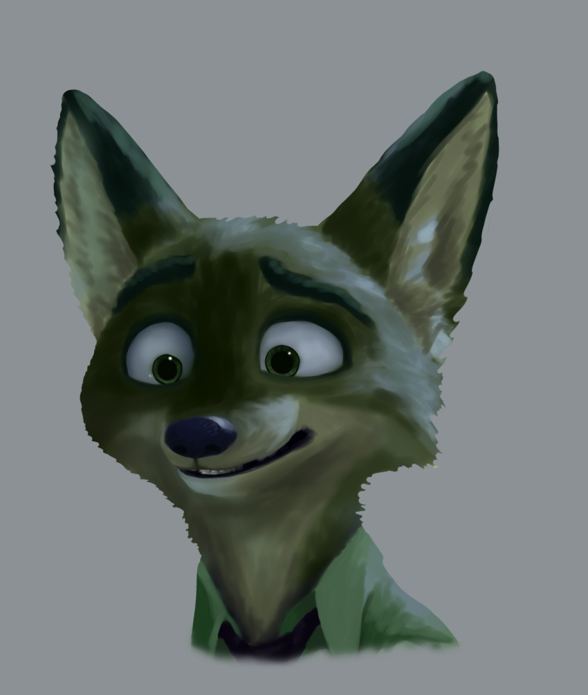 anthro canid canine confusion disney ears_up famished_(artist) fox green_eyes grey_background headshot_portrait hi_res male mammal necktie nick_wilde portrait red_fox simple_background solo teeth_showing true_fox zootopia