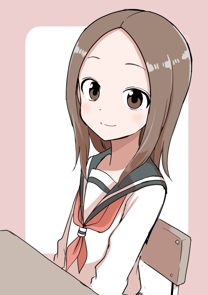 absurdres black_sailor_collar brown_eyes brown_hair chair closed_mouth commentary_request desk female forehead highres inaba_mifumi karakai_jouzu_no_takagi-san light_blush long_hair long_sleeves looking_at_viewer neckerchief on_chair pink_background red_neckerchief rounded_corners sailor_collar school_uniform serafuku shirt simple_background sitting smile solo takagi-san two-tone_background upper_body white_background white_shirt