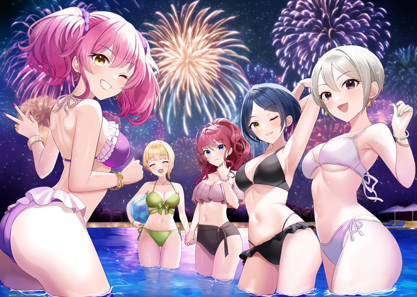 5girls ;d ^_^ aerial_fireworks armpits ass ball beachball bikini black_bikini blush bracelet breasts closed_eyes collarbone commentary_request fingernails fireworks frilled_bikini frills green_bikini grin hayami_kanade holding_hands ichinose_shiki idolmaster idolmaster_cinderella_girls jewelry jougasaki_mika large_breasts linea_alba lipps_(idolmaster) looking_at_viewer medium_breasts miyamoto_frederica multiple_girls nail_polish navel night night_sky one_eye_closed parted_bangs ponytail pool purple_bikini sakura_ran shiomi_syuko short_hair side-tie_bikini_bottom sky smile star_(symbol) stomach swimsuit thigh_gap twintails underboob w wading