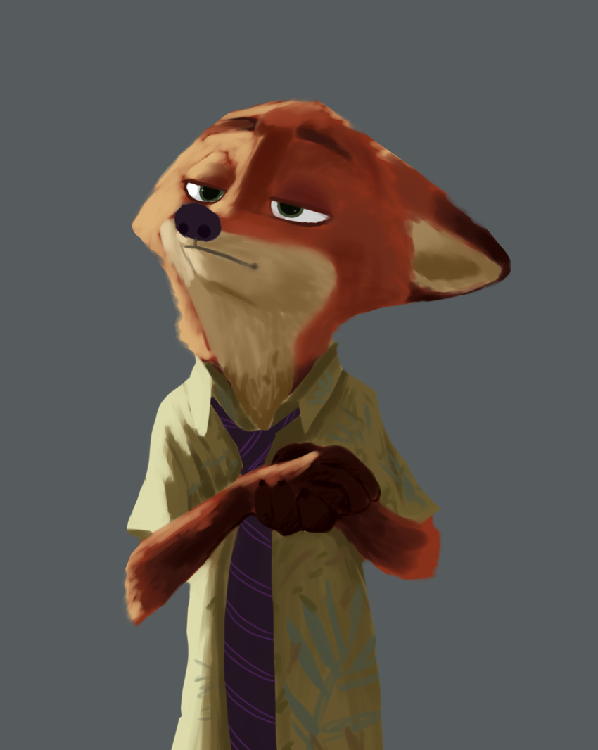 :i anthro canid canine clothing disney ears_back eyebrows famished_(artist) fox fur green_clothing grey_background hands_together hi_res male mammal necktie nick_wilde pivoted_ears raised_eyebrow red_body red_fox red_fur simple_background solo true_fox zootopia