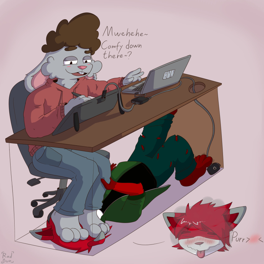 1:1 absurd_res anthro blush charles_the_stray_kitty desk duo feet felid feline foot_fetish foot_on_face foot_play foot_smother foot_sniffing furniture hi_res hindpaw lagomorph leporid male male/male mammal paws rabbit radbunno smothering sniffing table teasing