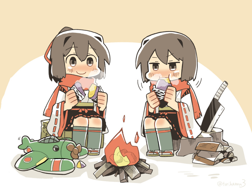 2girls aircraft airplane black_skirt box brown_eyes brown_hair campfire chibi commentary_request e16a_zuiun eating firewood food full_body hakama hakama_short_skirt hakama_skirt highres hyuuga_(kancolle) hyuuga_kai_ni_(kancolle) ise_(kancolle) ise_kai_ni_(kancolle) japanese_clothes kantai_collection konno_akikaze long_sleeves multiple_girls nata_(tool) pleated_skirt red_scarf ribbon-trimmed_sleeves ribbon_trim scarf short_hair sitting skirt stuffed_airplane stuffed_toy sweet_potato tree_stump undershirt wide_sleeves