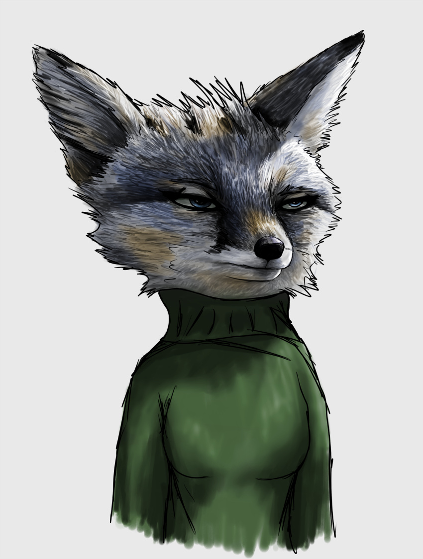 anthro canid canine charlie_(weaver) clothing famished_(artist) female fox fur green_clothing grey_body grey_fur hi_res mammal messy_fur narrowed_eyes pack_street simple_background solo sweater topwear turtleneck white_background