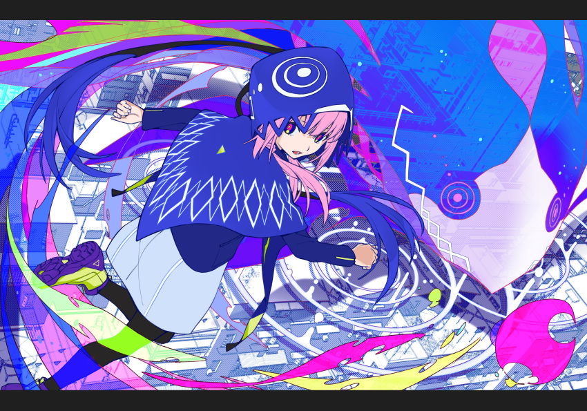 absurdres boots building capelet cityscape dress female fish foot_out_of_frame highres hood hood_up hooded_capelet kaf_(kamitsubaki_studio) kamitsubaki_studio laplace_(kamitsubaki_studio) long_hair long_sleeves looking_at_viewer looking_back multicolored_eyes open_mouth pink_hair ripples tarou2 twintails virtual_youtuber