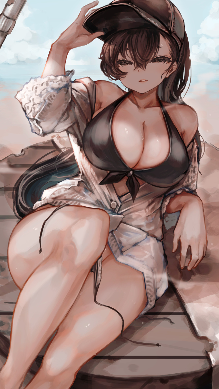 absurdres bare_shoulders bikini black_bikini breasts brown_eyes brown_hair cleavage female grin hair_between_eyes hat highres jacket long_hair off_shoulder original outdoors sitting smile soleil_(soleilmtfbwy03) solo swimsuit