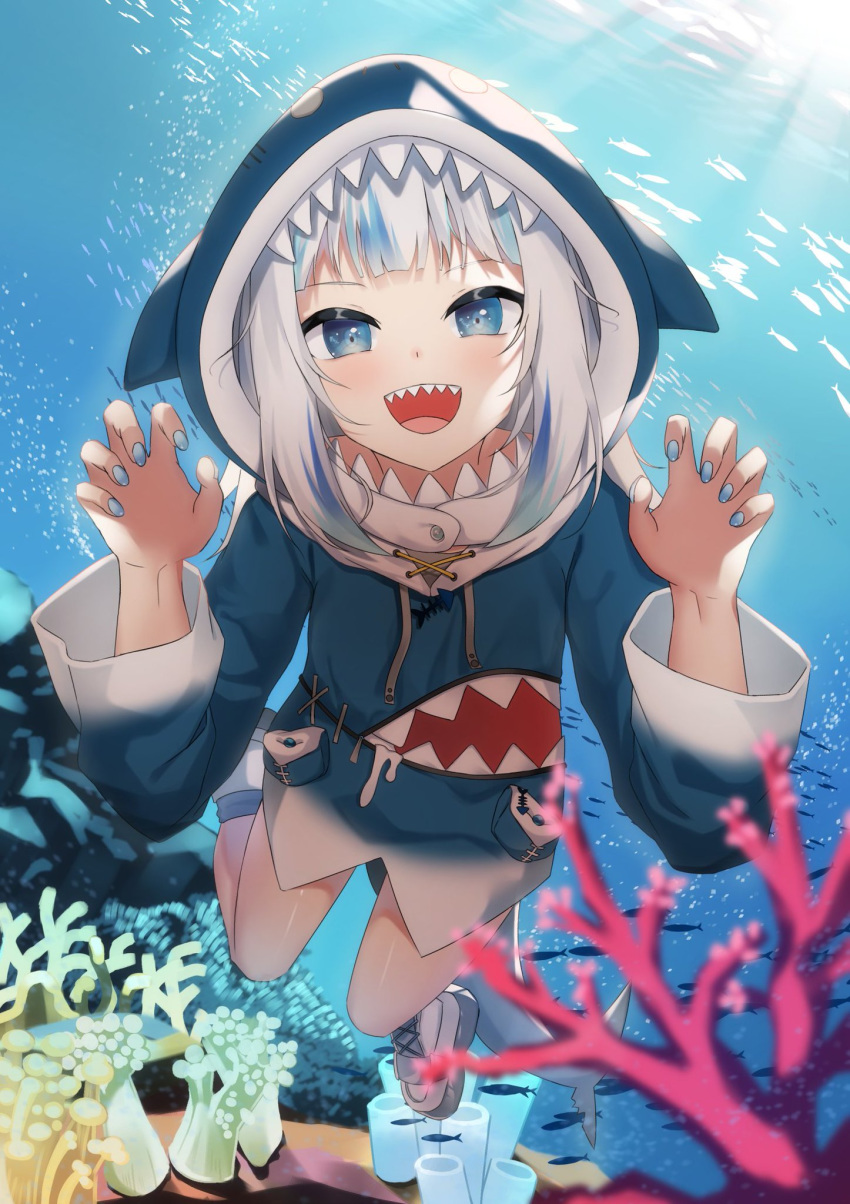 :d animal_hood atora bad_id bad_pixiv_id blue_eyes blue_hair blue_hoodie blue_nails blurry blurry_foreground claw_pose commentary coral day depth_of_field drawstring female fins fish_tail gawr_gura gawr_gura_(1st_costume) grey_hair hands_up highres hololive hololive_english hood hood_up hoodie long_sleeves looking_at_viewer multicolored_hair nail_polish ocean open_mouth outdoors shark_hood shark_tail sharp_teeth shoes smile solo streaked_hair tail teeth underwater virtual_youtuber water white_footwear wide_sleeves