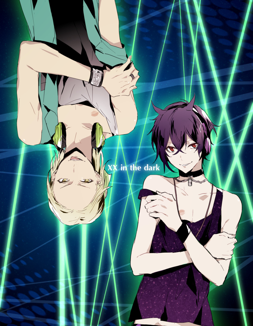 2boys black_tank_top blonde_hair dance_with_devils highres looking_at_viewer male_focus multiple_boys nanashiro_mage natsumezaka_shiki purple_hair purple_tank_top qi7pi red_eyes short_hair tank_top teeth upside-down yellow_eyes