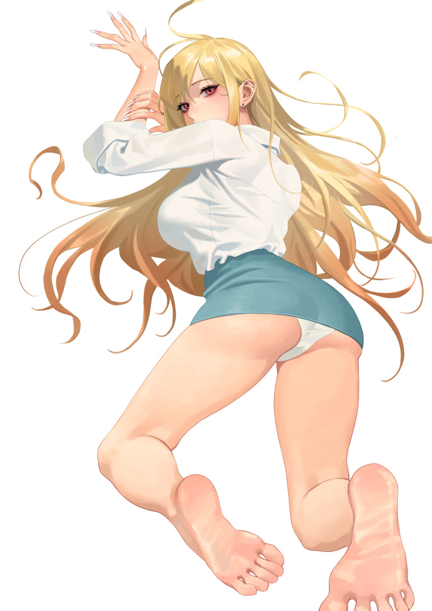 absurdres ass barbell_piercing barefoot blonde_hair blue_skirt breasts commentary commission earrings feet female foot_focus from_behind gradient_hair highres hongcasso jewelry kitagawa_marin korean_commentary large_breasts long_hair multicolored_hair panties piercing red_eyes red_hair shirt sideboob skirt soles solo sono_bisque_doll_wa_koi_wo_suru swept_bangs toes underbutt underwear white_background white_panties white_shirt