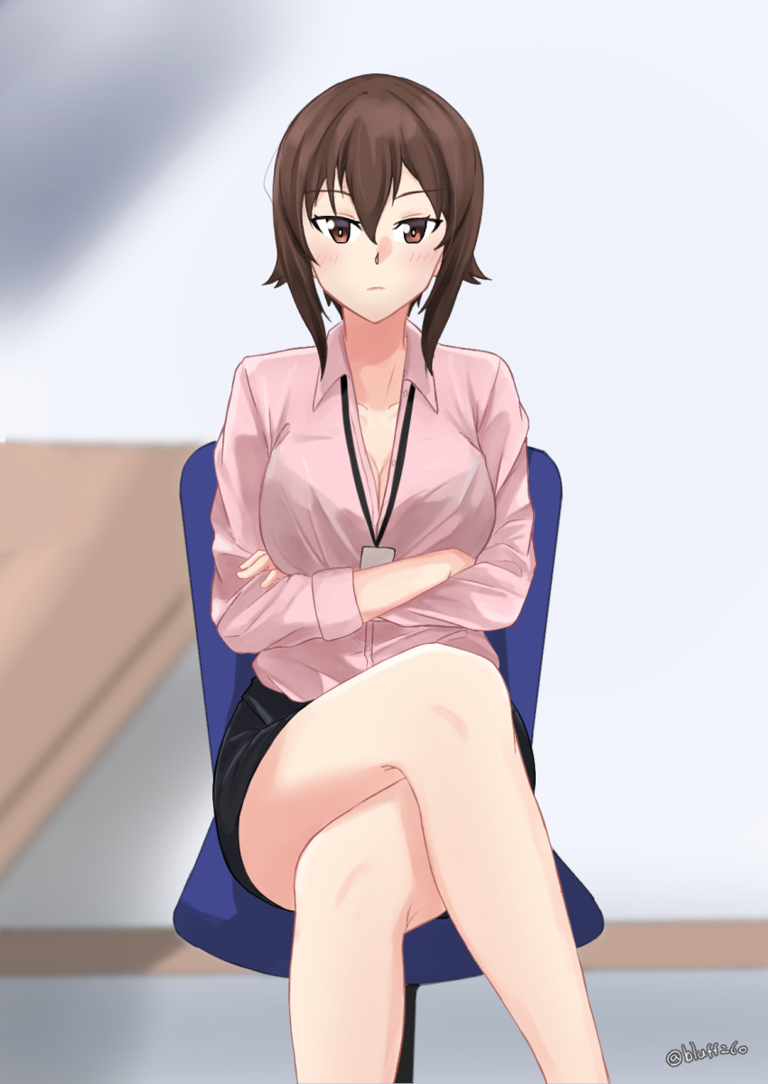 bare_legs black_skirt bluff260 blurry blurry_background blush breasts brown_eyes brown_hair chair cleavage closed_mouth collared_shirt commentary crossed_arms female girls_und_panzer highres indoors lanyard light_frown looking_at_viewer medium_breasts miniskirt nishizumi_maho office_chair office_lady pencil_skirt pink_shirt shirt short_hair sitting skirt solo swivel_chair twitter_username