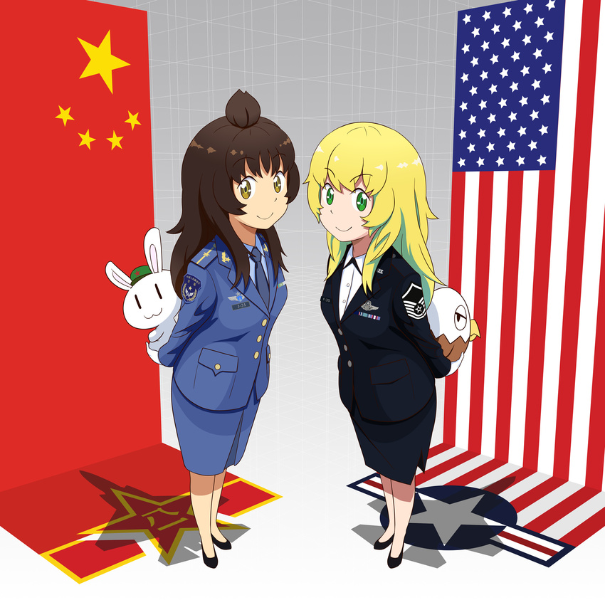 2girls :3 american_flag august1st bird blonde_hair brown_hair china commentary_request eagle f-35_(flight_highschool) f-35_lightning_ii flight_highschool formal full_body green_eyes hat highres j-31 j-31_(flight_highschool) long_hair looking_at_viewer military military_uniform multiple_girls necktie patch people's_liberation_army people's_liberation_army_air_force people's_republic_of_china_flag personification photoshop_(medium) pocket politics rabbit shadow shoulder_patch skirt smile standing topknot uniform united_states united_states_air_force xusphere year_hare_affair yellow_eyes yellow_star