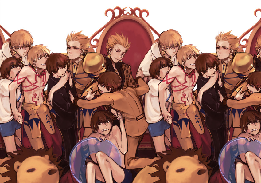 2boys blonde_hair brown_hair commentary_request earrings fate/extra fate/extra_ccc fate_(series) gilgamesh_(excited_swimmer)_(fate) gilgamesh_(fate) gilgamesh_(modern_costume_of_volupte)_(fate) jewelry kishinami_hakuno_(male) male_focus mpn multiple_boys necklace official_alternate_costume red_eyes smile throne