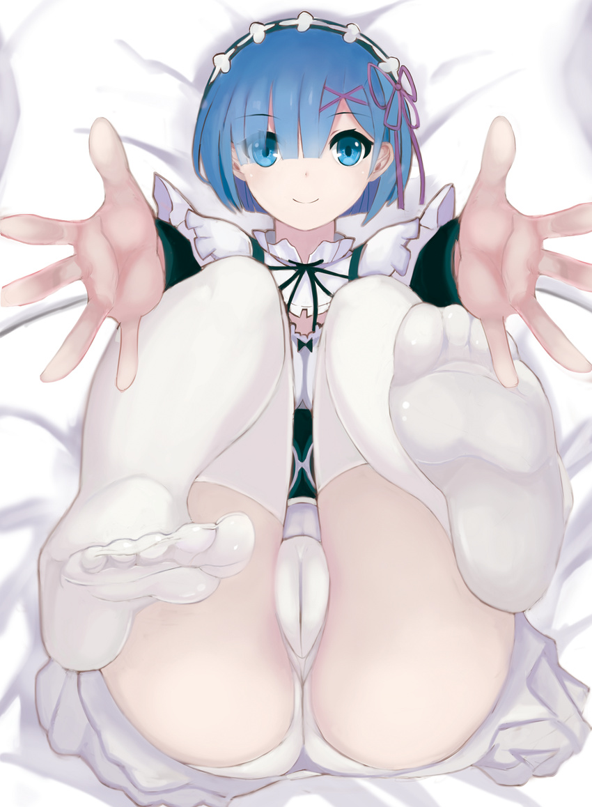 blue_eyes blue_hair commentary_request feet female foot_focus hair_over_one_eye highres looking_at_viewer maid no_shoes outstretched_hand panties re:zero_kara_hajimeru_isekai_seikatsu rem_(re:zero) roswaal_mansion_maid_uniform short_hair smile soles solo solo_(twsolo) thighhighs toes underwear white_thighhighs