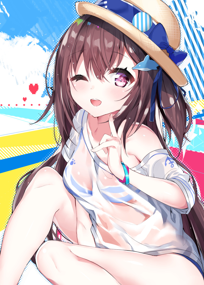 ;d absurdres anchor_symbol bare_shoulders bikini bikini_under_clothes blue_bow blue_ribbon blue_sky blush bow brown_hair brown_hat cloud collarbone commentary_request day dolphin_hair_ornament female hair_between_eyes hair_ornament hat hat_bow hat_ribbon heart highres index_finger_raised kamioka_shun'ya long_hair marin_(kamioka_shun'ya) off_shoulder one_eye_closed open_mouth original purple_eyes ribbon see-through shirt sitting sky smile solo sparkling_eyes striped_bikini striped_clothes swimsuit teeth upper_teeth_only very_long_hair wet wet_clothes wet_shirt white_shirt