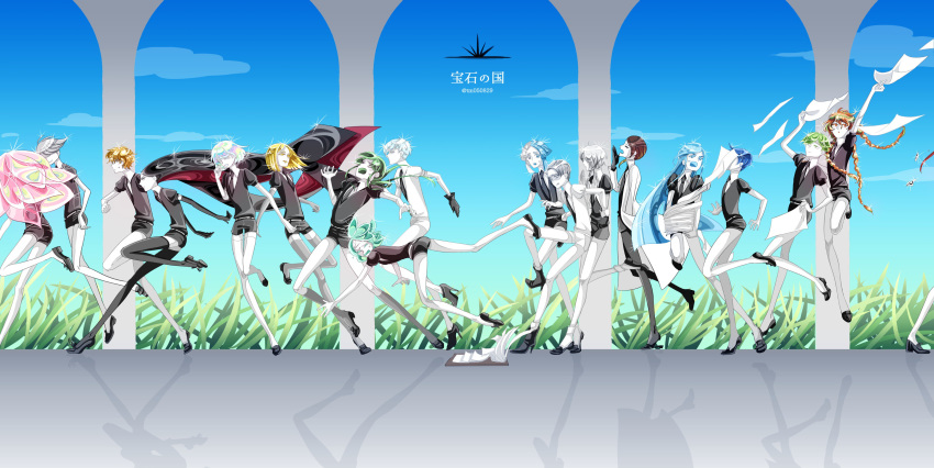 6+others absurdres alexandrite_(houseki_no_kuni) androgynous antarcticite aqua_hair asymmetrical_hair bad_id bad_twitter_id benitoite_(houseki_no_kuni) black_eyes black_hair blonde_hair blue_eyes blue_hair blue_sky bort braid brown_hair cairngorm_(houseki_no_kuni) cinnabar_(houseki_no_kuni) clipboard closed_eyes colored_eyelashes commentary_request copyright_name crystal_hair diamond_(houseki_no_kuni) elbow_gloves euclase_(houseki_no_kuni) gem_uniform_(houseki_no_kuni) ghost_quartz_(houseki_no_kuni) gloves goshenite_(houseki_no_kuni) grass green_eyes green_hair grey_eyes grey_hair hair_over_eyes hair_over_one_eye heterochromia high_heels highres houseki_no_kuni jade_(houseki_no_kuni) long_hair morganite_(houseki_no_kuni) multicolored_hair multiple_braids multiple_others necktie open_mouth orange_eyes orange_hair out_of_frame outdoors paper peridot_(houseki_no_kuni) phosphophyllite pink_hair rainbow_hair red_hair running rutile_(houseki_no_kuni) serious short_hair short_hair_with_long_locks sky smile sparkle sphene_(houseki_no_kuni) sweatdrop tamami_(tm050829) thighhighs tripping very_long_hair white_eyes white_hair yawning yellow_diamond_(houseki_no_kuni) yellow_eyes zircon_(houseki_no_kuni)