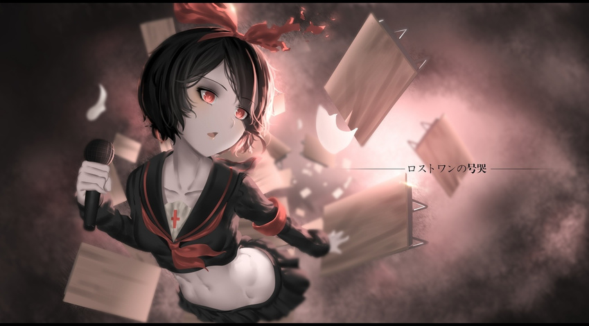 alternate_eye_color alternate_hair_color astray_(module) black_hair chinese_commentary collarbone commentary crop_top desk female hair_ribbon highres hk_(hk) kagamine_rin long_sleeves lost_one_no_goukoku_(vocaloid) microphone midriff mixed-language_commentary navel neckerchief open_mouth photoshop_(medium) project_diva_(series) project_diva_x red_eyes ribbon school_desk school_uniform serafuku short_hair skirt skirt_set solo song_name torn_ribbon vocaloid