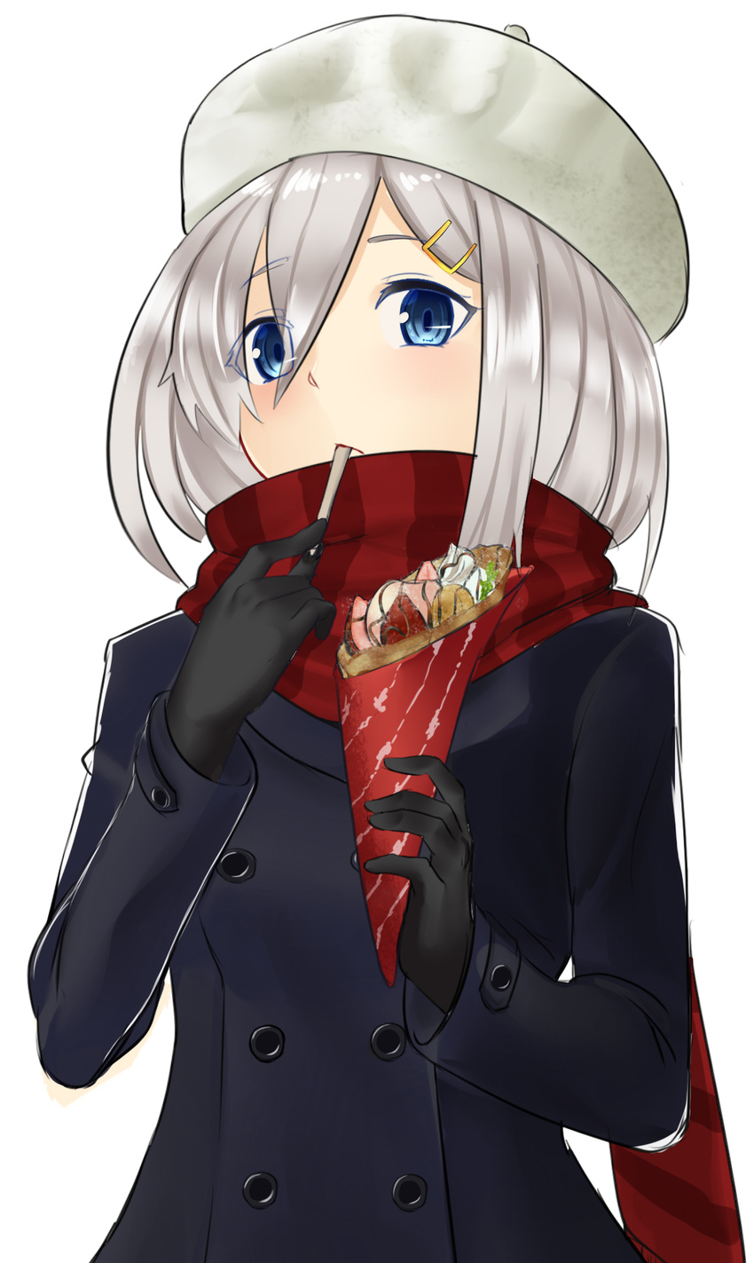 alternate_costume beret berry black_gloves blue_coat blue_eyes buttons coat commentary_request crepe eating eyes_visible_through_hair female food food_wrapper fruit gloves grey_hair hair_ornament hair_over_one_eye hairclip hamakaze_(kancolle) hat highres kantai_collection photoshop_(medium) red_scarf scarf short_hair simple_background sin_(kami148) solo striped_clothes striped_scarf white_background winter_clothes winter_coat