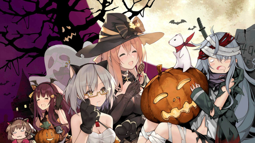 5girls animal animal_ears bad_link cat_ears closed_mouth ferret g11_(girls'_frontline) g11_(neet_zombie)_(girls'_frontline) girls'_frontline halloween halloween_costume hat highres jack-o'-lantern laughing mk23_(girls'_frontline) mk23_(impish_sweetheart)_(girls'_frontline) multiple_girls official_art pumpkin sleeping springfield_(classic_witch)_(girls'_frontline) springfield_(girls'_frontline) suisai_(suisao) vector_(girls'_frontline) vector_(kitty_paws)_(girls'_frontline) wa2000_(girls'_frontline) wa2000_(haunted_castle)_(girls'_frontline) witch witch_hat