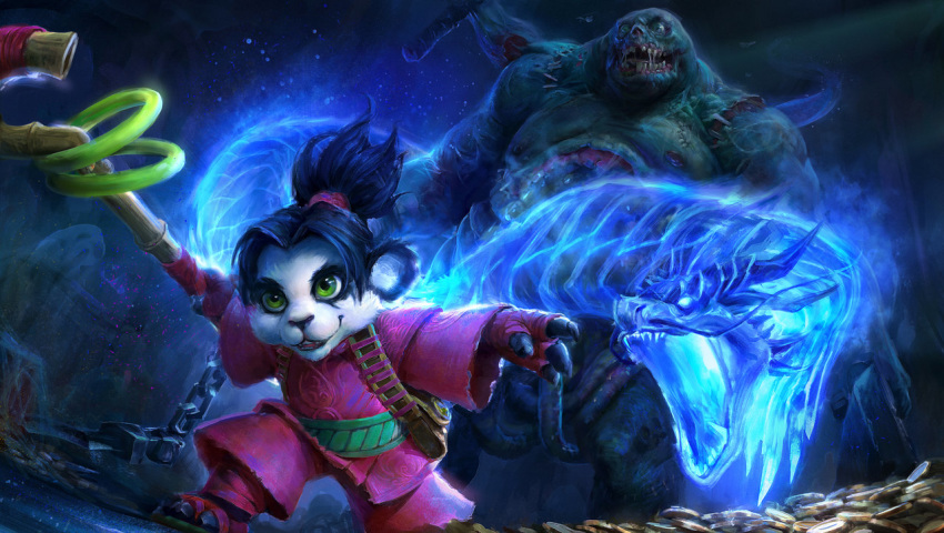 2015 abomination_(warcraft) alexnegrea anthro bear blizzard_entertainment chains female green_eyes group humanoid li_li_stormstout mammal monster monstrous_humanoid pandaren smile stitches_(warcraft) undead warcraft young young_anthro