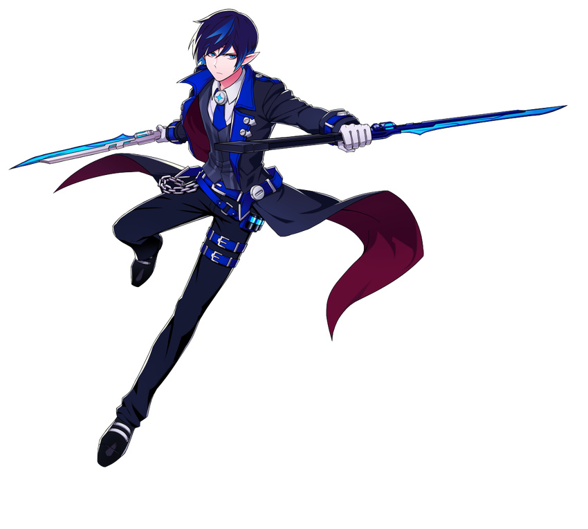 1boy alternate_costume blue_eyes blue_hair chains ciel_(elsword) coat demon_power_(elsword) dual_wielding elsword facial_mark forehead_mark formal full_body gloves gunblade holding hwansang official_art pointy_ears transparent_background vest weapon white_gloves