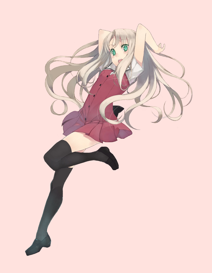 arms_up blonde_hair blush commentary_request female full_body green_eyes highres kawamura_reo kirisato_itsuki loafers long_hair open_mouth school_uniform shoes simple_background solo sono_hanabira_ni_kuchizuke_wo st._michael's_school_uniform thighhighs zettai_ryouiki