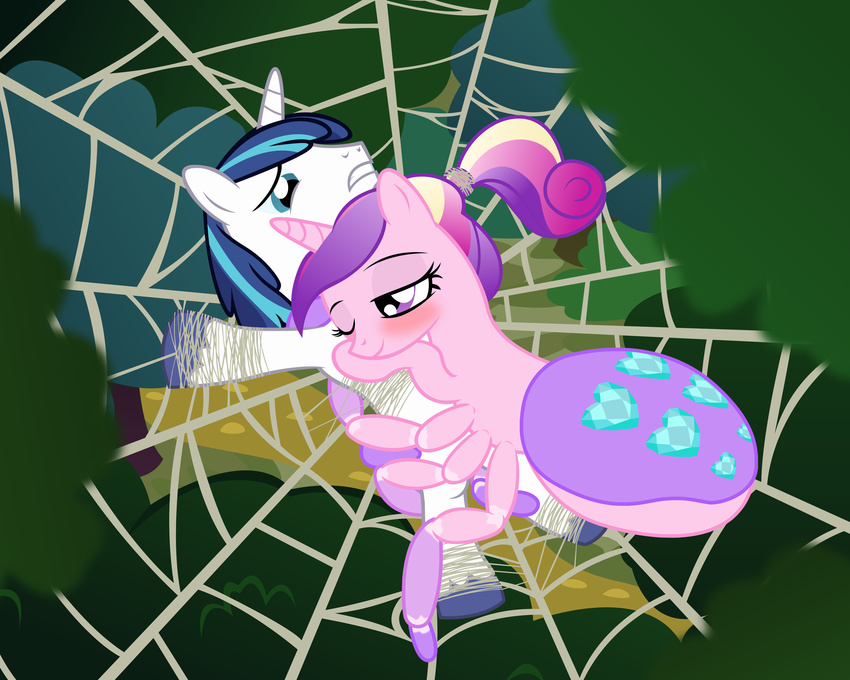 2015 absurd_res alternate_species arachnid arachnid_taur arthropod arthropod_taur arthropod_webbing badumsquish blue_hair bound cutie_mark duo equid equine female feral friendship_is_magic hair hasbro hi_res horn hug husband_and_wife male mammal married_couple multicolored_hair my_little_pony mythological_creature mythological_equine mythology ponytail princess_cadance_(mlp) scared shining_armor_(mlp) spider spider_taur spider_web spiderpony taur unicorn web_bondage