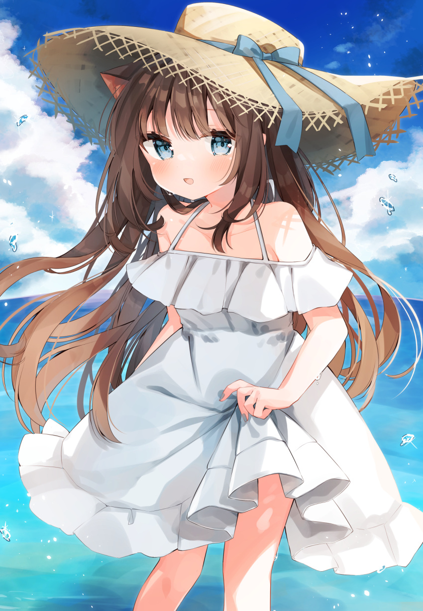 animal_ears bare_shoulders blue_eyes blue_ribbon blush brown_hair cat_ears cloud commentary day dress feet_out_of_frame female halter_dress halterneck hat hat_ribbon heripiro highres long_hair looking_at_viewer nekomimi_onnanoko_(heripiro) ocean off-shoulder_dress off_shoulder open_mouth original outdoors ribbon skirt_hold solo standing straw_hat symbol-only_commentary very_long_hair white_dress