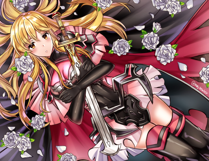 armor black_footwear black_gloves blonde_hair blush boots cape commentary_request feet_out_of_frame female fire_emblem fire_emblem:_genealogy_of_the_holy_war fire_emblem_heroes flower gloves lachesis_(fire_emblem) lachesis_(resplendent)_(fire_emblem) lands_sword long_hair looking_at_viewer maji_(majibomber) miniskirt official_alternate_costume parted_lips petals rose rose_petals shoulder_armor skirt solo sword thigh_boots very_long_hair weapon white_flower white_rose white_skirt yellow_eyes