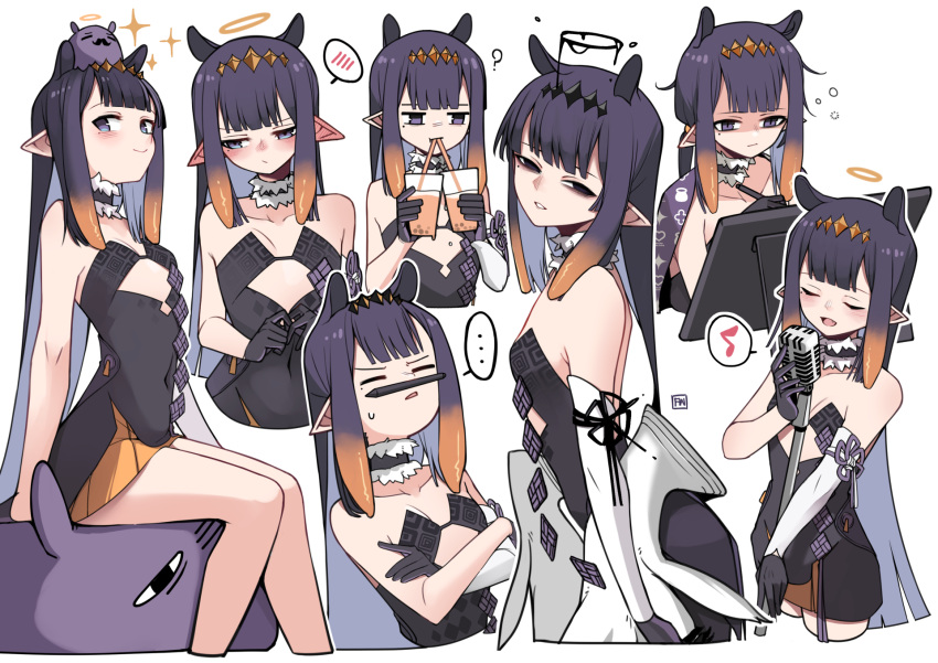 ... ? a:n_(angrynum) animal_on_head black_gloves black_halo blunt_bangs blush bubble_tea closed_eyes commentary covered_navel cropped_legs crossed_arms dark_halo ear_blush facial_hair female flat_chest gloves gradient_hair halo headpiece highres hololive hololive_english long_hair looking_at_viewer microphone microphone_stand mole mole_under_eye moustache multicolored_hair multiple_views music musical_note ninomae_ina'nis ninomae_ina'nis_(1st_costume) on_head orange_hair pen pointy_ears purple_eyes purple_hair sidelocks simple_background singing sitting_on_animal smile spoken_blush spoken_ellipsis spoken_musical_note takodachi_(ninomae_ina'nis) tentacle_hair very_long_hair virtual_youtuber white_background