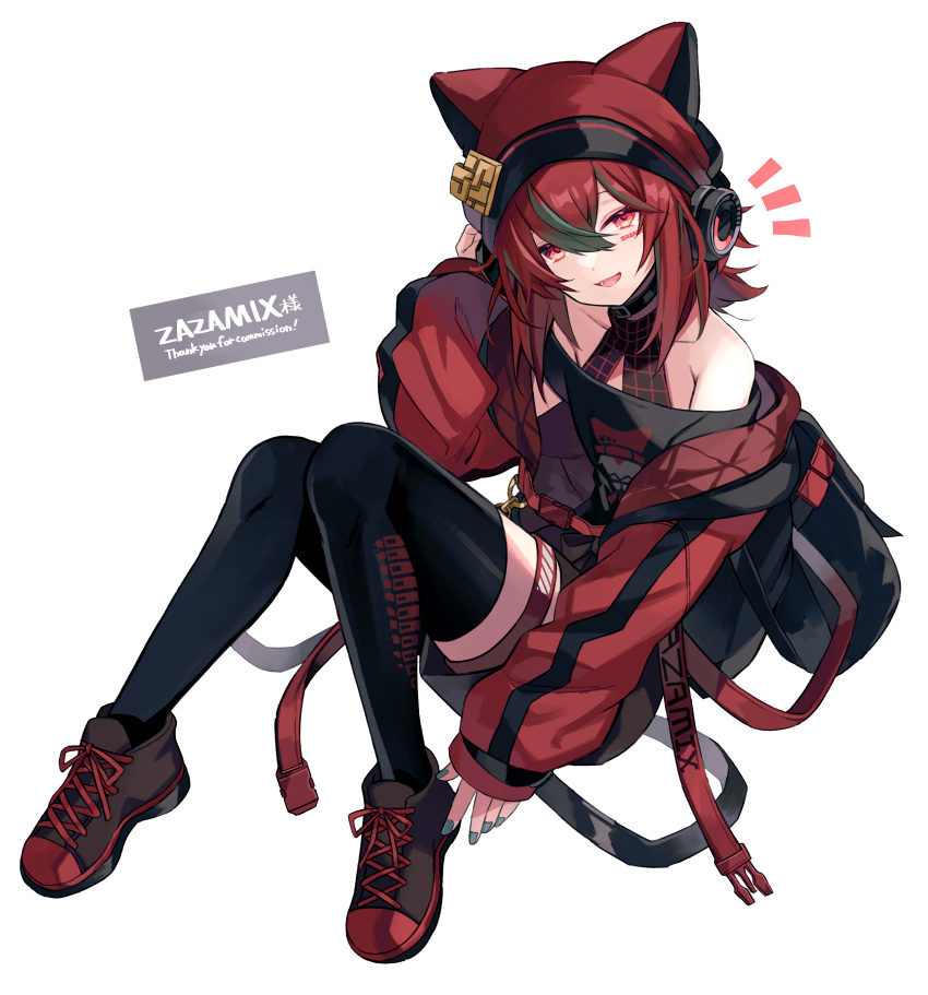 :d absurdres animal_ears animal_hat arm_up bare_shoulders black_footwear black_shirt black_shorts black_thighhighs commentary_request commission eyebrows_hidden_by_hair fake_animal_ears female full_body green_hair hair_between_eyes hat headphones highres indie_virtual_youtuber jacket knees_together_feet_apart knees_up long_sleeves looking_at_viewer multicolored_hair oerba_yun_fang off-shoulder_shirt off_shoulder open_clothes open_jacket open_mouth orqz puffy_long_sleeves puffy_sleeves red_eyes red_hair red_hat red_jacket shirt shoes short_shorts shorts skeb_commission sleeves_past_wrists smile solo streaked_hair thigh_strap thighhighs virtual_youtuber zazamix_(vtuber)