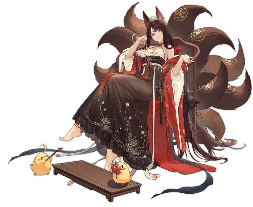 absurdly_long_hair akagi_(azur_lane) akagi_(dawn_phoenix's_summons)_(azur_lane) animal_ears azur_lane bare_shoulders breasts brown_dress brown_hair chinese_clothes cleavage crossed_legs dress female flower full_body hanfu highres kitsune kurumi_(recycllamo) kyuubi long_hair manjuu_(azur_lane) medium_breasts multiple_tails nail_polish official_alternate_costume official_art open_clothes orange_eyes red_flower red_nails see-through see-through_dress sitting solo tail tail_ornament transparent_background very_long_hair wide_sleeves